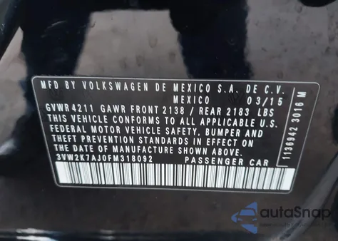 2015 Volkswagen Jetta 2.0L S из США, поврежденный, VIN 3VW2K7AJ0FM318092